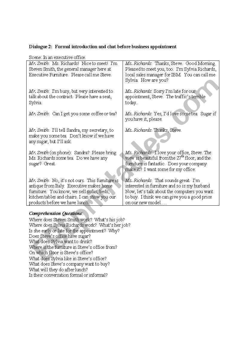 Dialogue 2:  Formal introduction and chat before business appointment