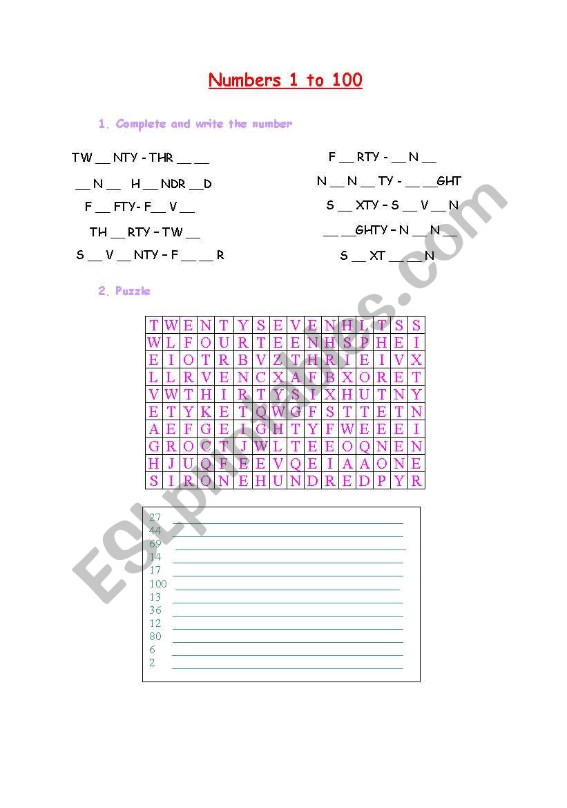 NUMBERS 1 TO 100 worksheet