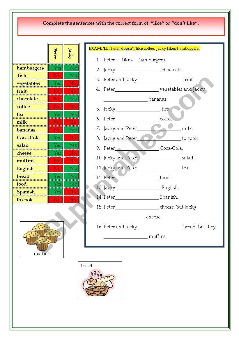 Likes and dislikes in food worksheet