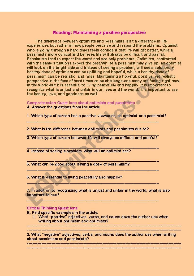 Reading Comprehension:Optimist and Pessimist Year 9-10