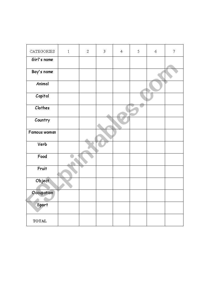 Alphabets game chart worksheet