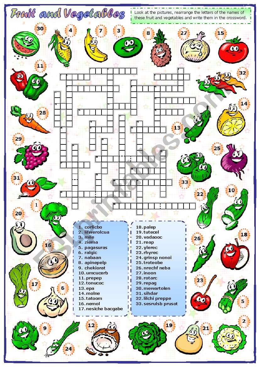  Fruit and vegetables (3 of 3): Crossword