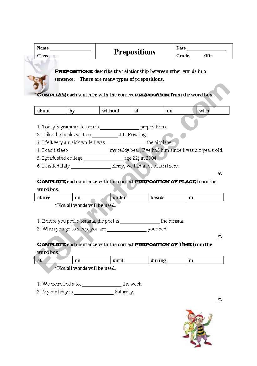 Preposiitons worksheet