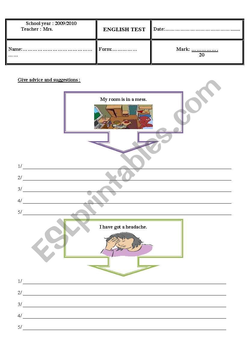 Advice and suggestions Test worksheet