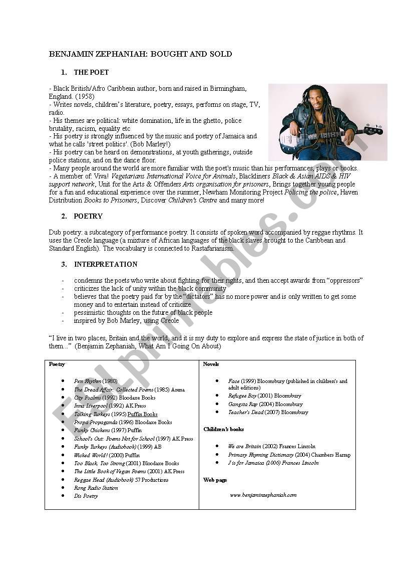 Benjamin Zephaniah worksheet