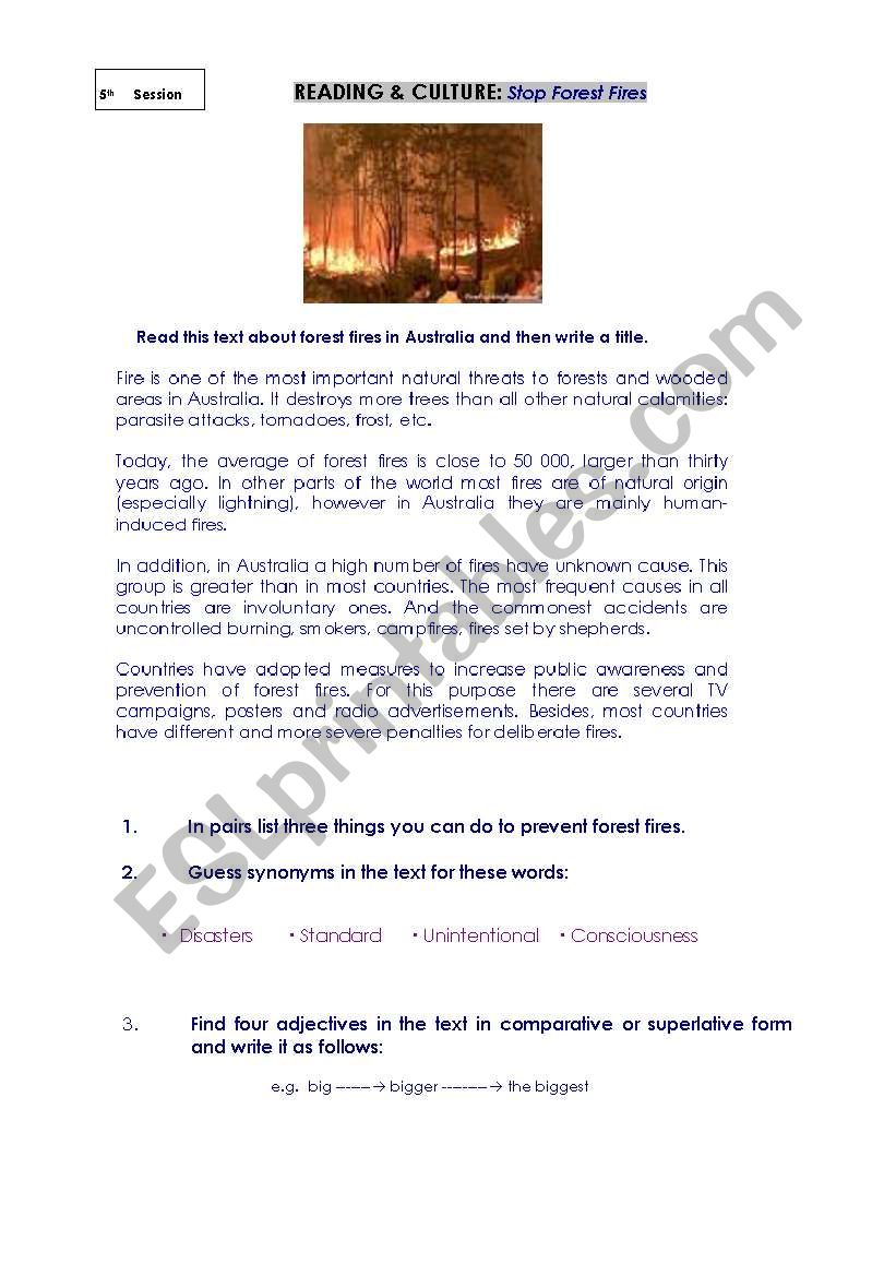 STOP FOREST FIRES worksheet