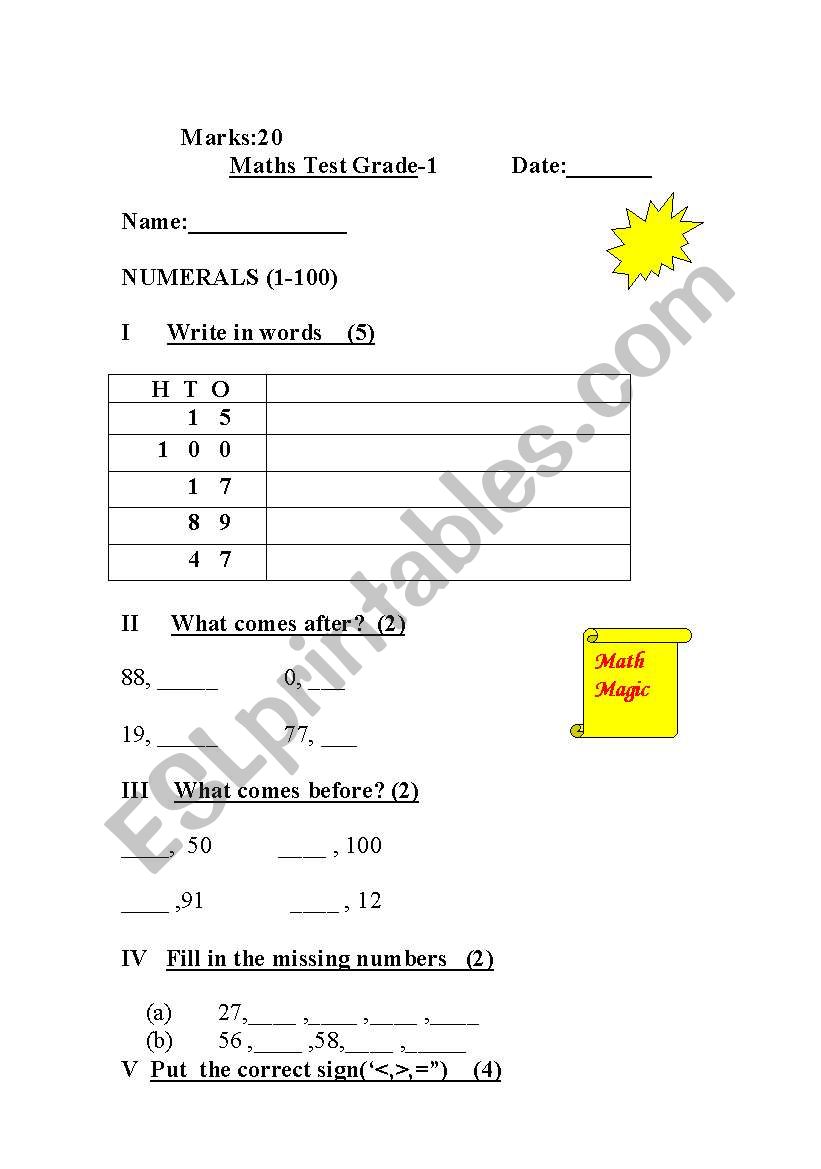 Numerals (1-100) worksheet