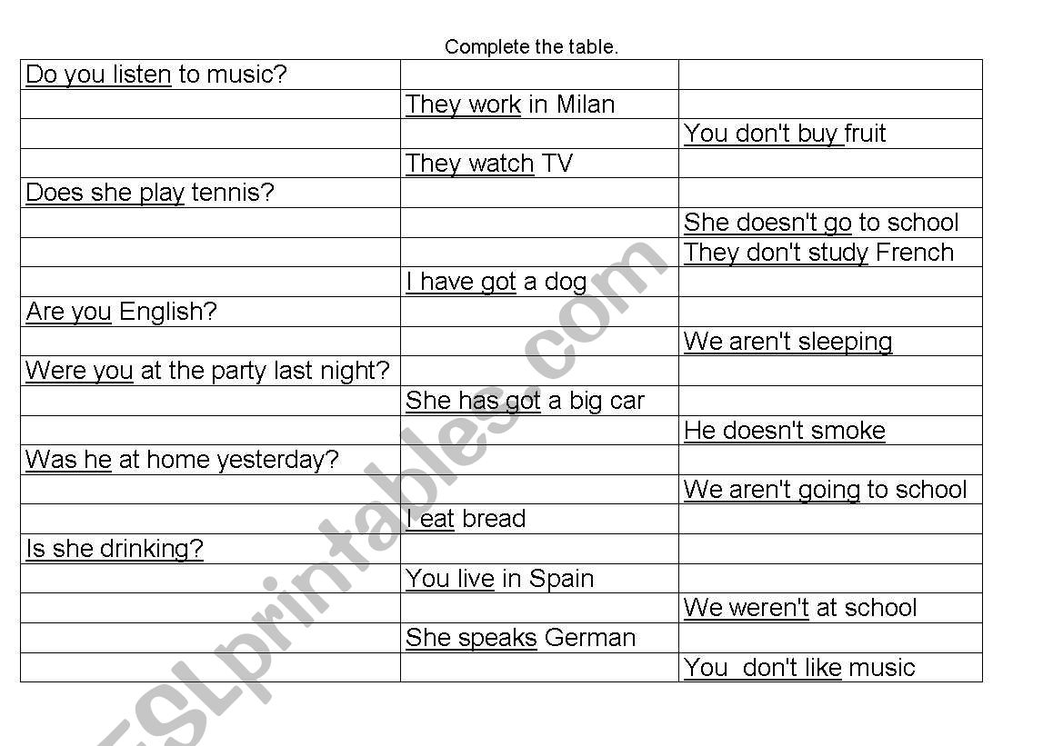 complete the table worksheet