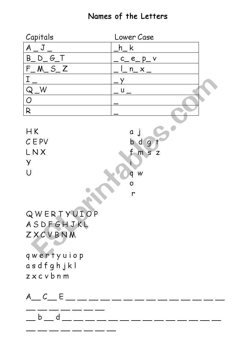 Names of the letters worksheet