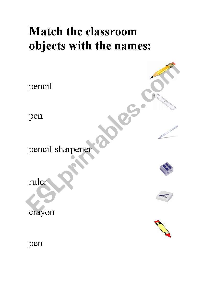 Match classroom object worksheet
