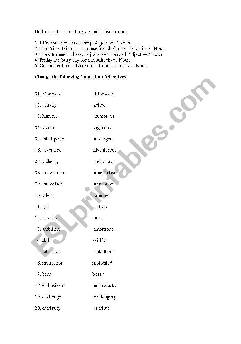 Adjectives from Nouns worksheet