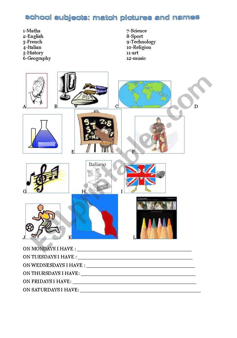 school subjects worksheet