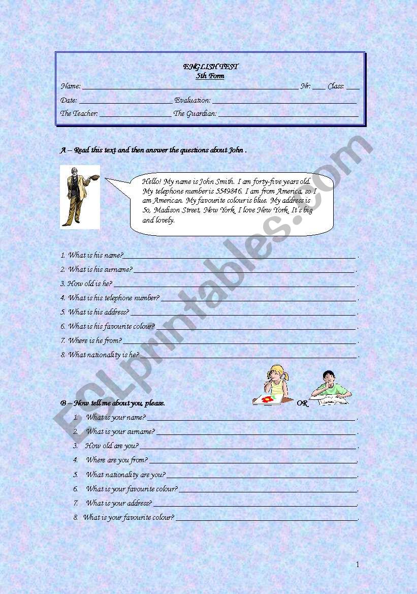 5th Grade Test-January 2010 worksheet