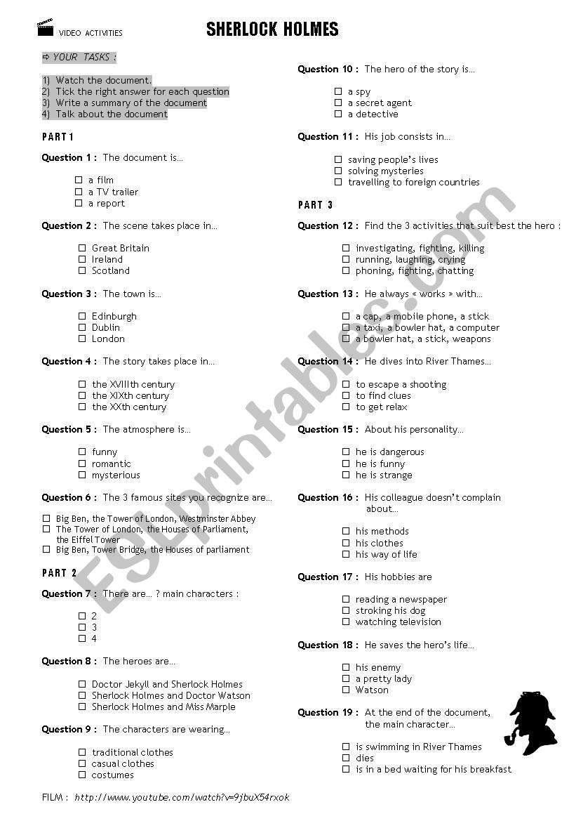 Video time : Sherlock Holmes worksheet