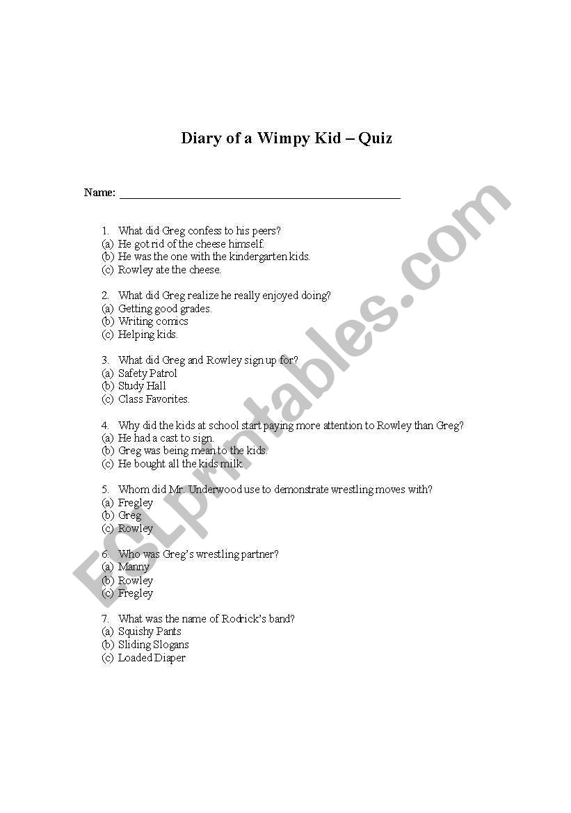 Diary of a Wimpy Kid Book 1 Multiple Choice Quiz