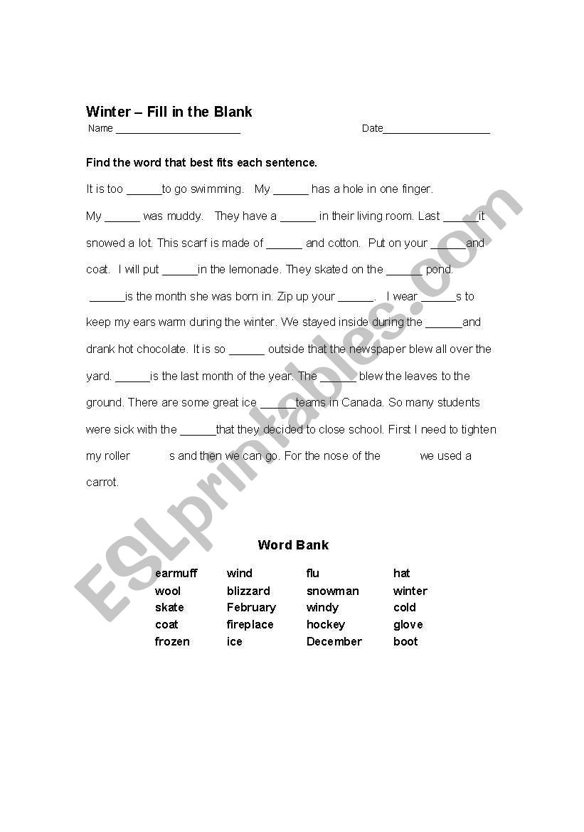 Winter Vocabulary Worksheet worksheet