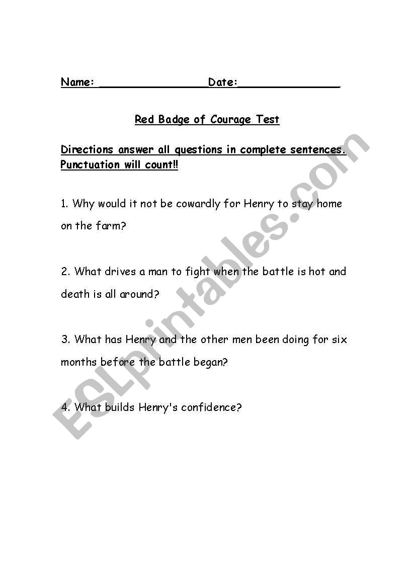 Red Badge of Courage Test worksheet