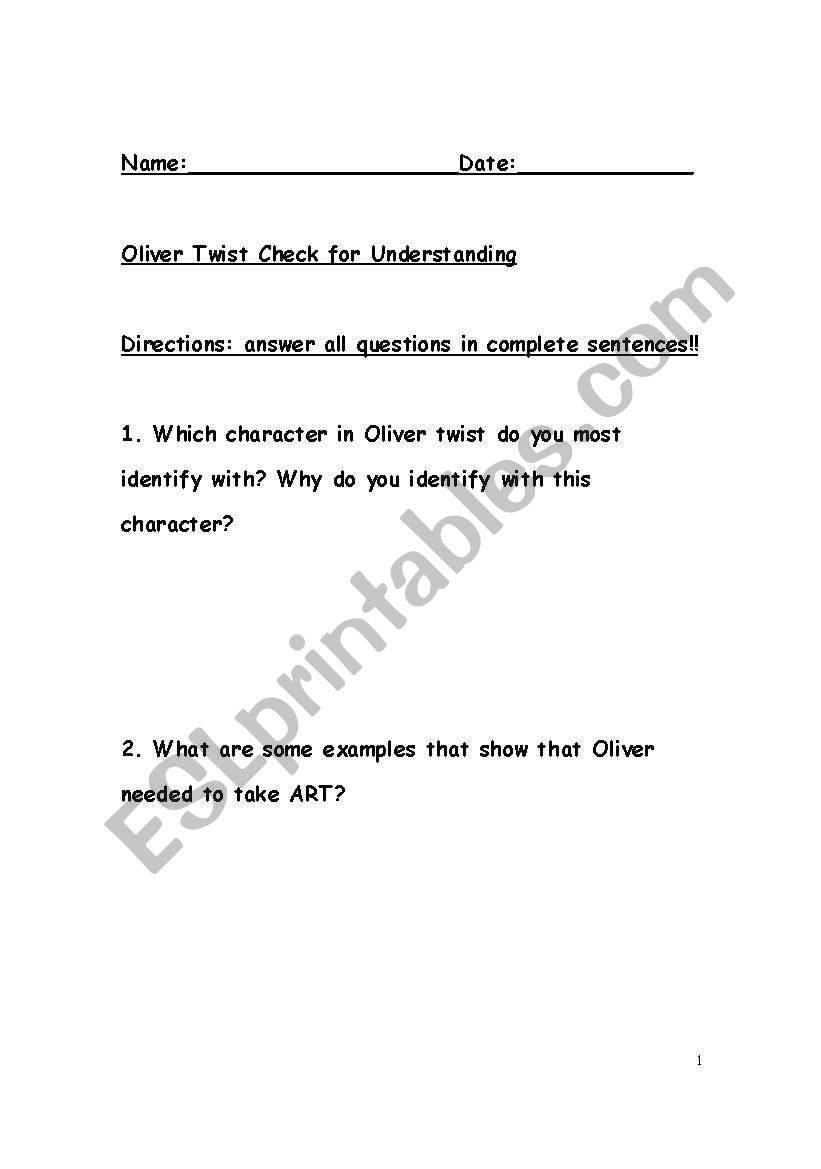 Oliver Twist Test worksheet