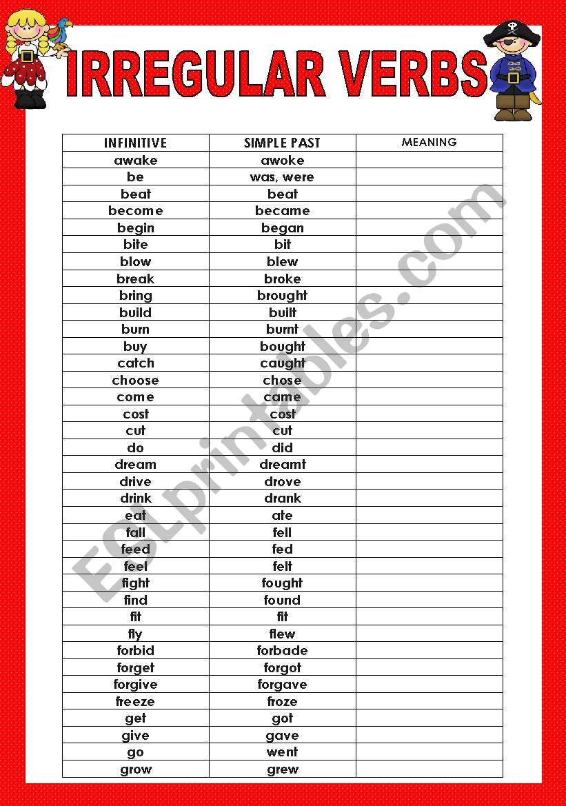 irregular verb list printable