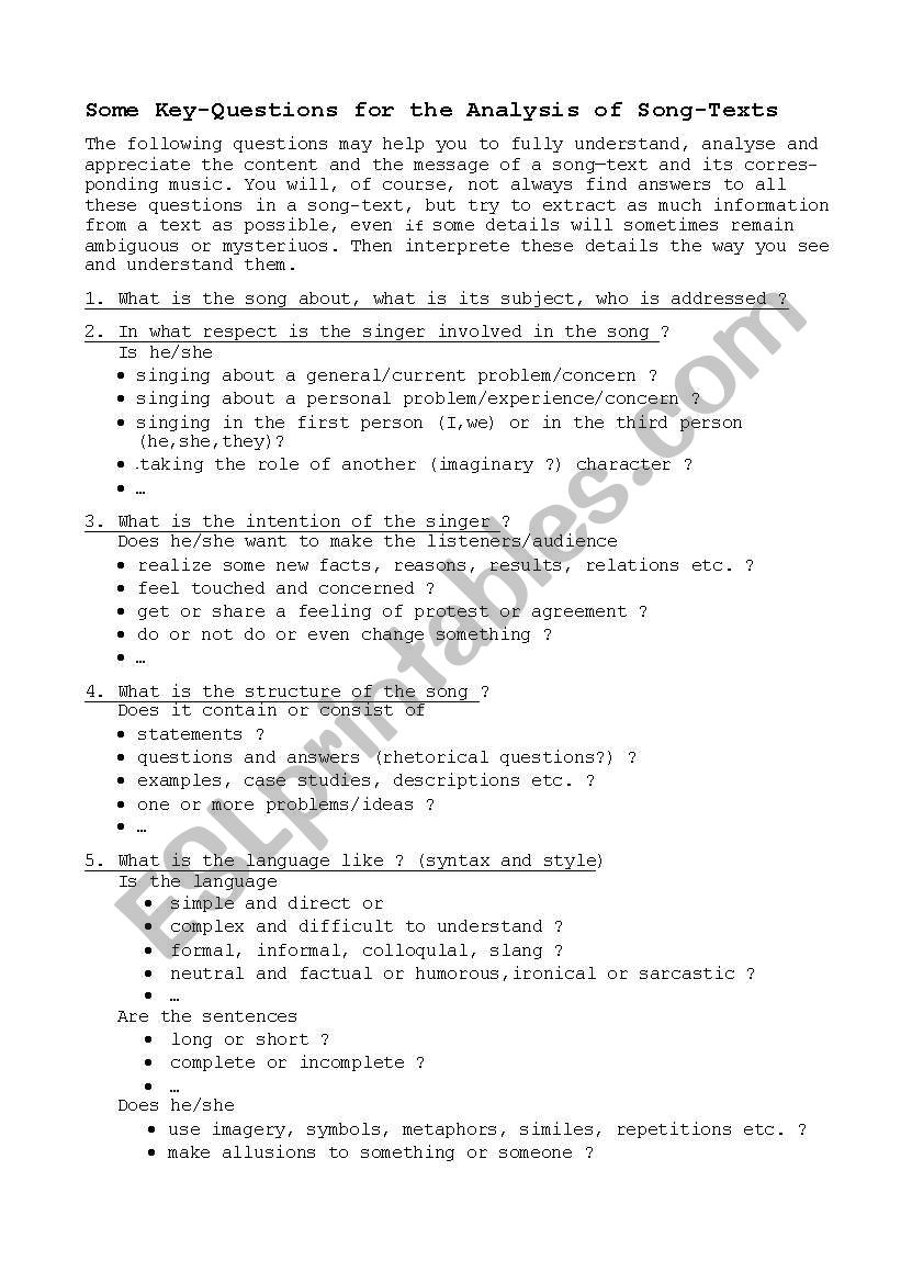 Songtexts - Key questions for Analysis