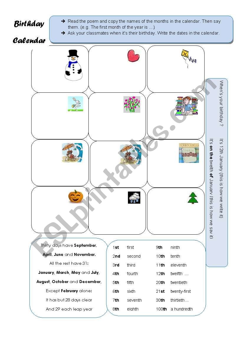 Ordinal numbers & months of the year