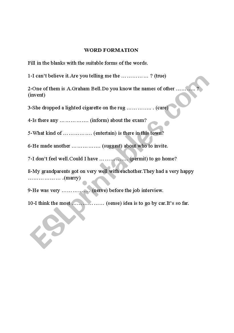 word formation worksheet