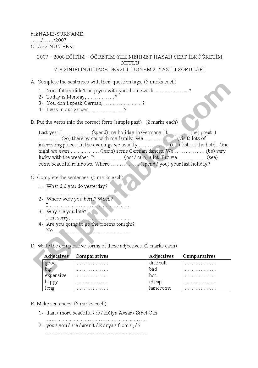 exam worksheet