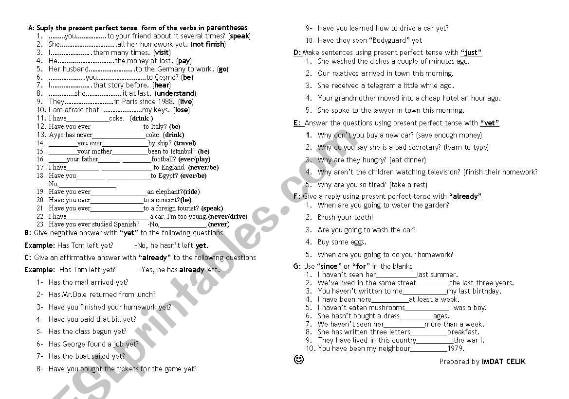 PRESENT PERFECT TENSE worksheet