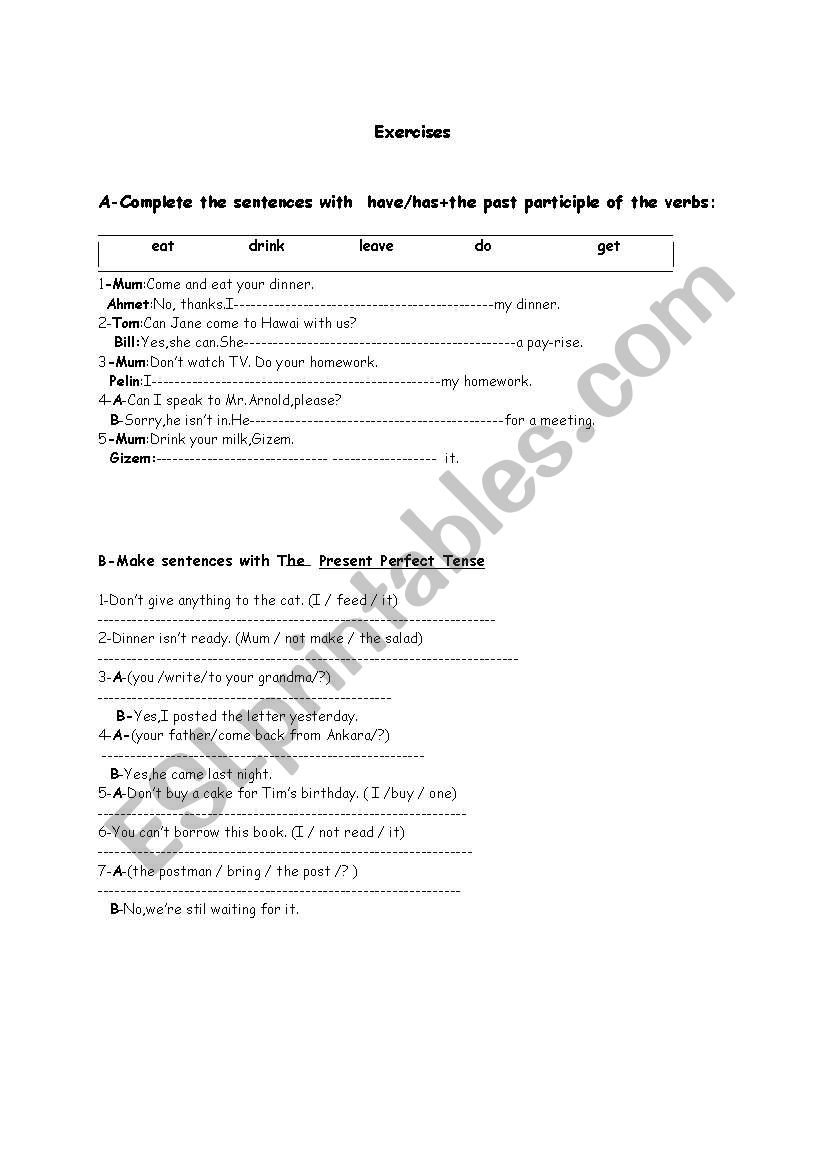 exercises for present perfect tense