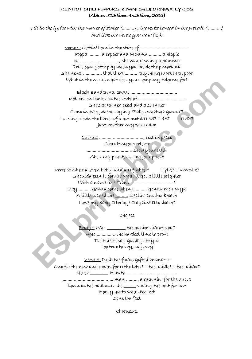 Red Hot Chili Peppers Dani California Worksheet Esl Worksheet By Audelorrain
