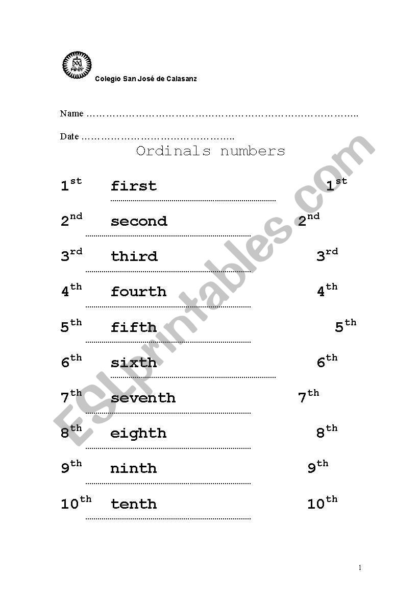 ordinal numbers worksheet