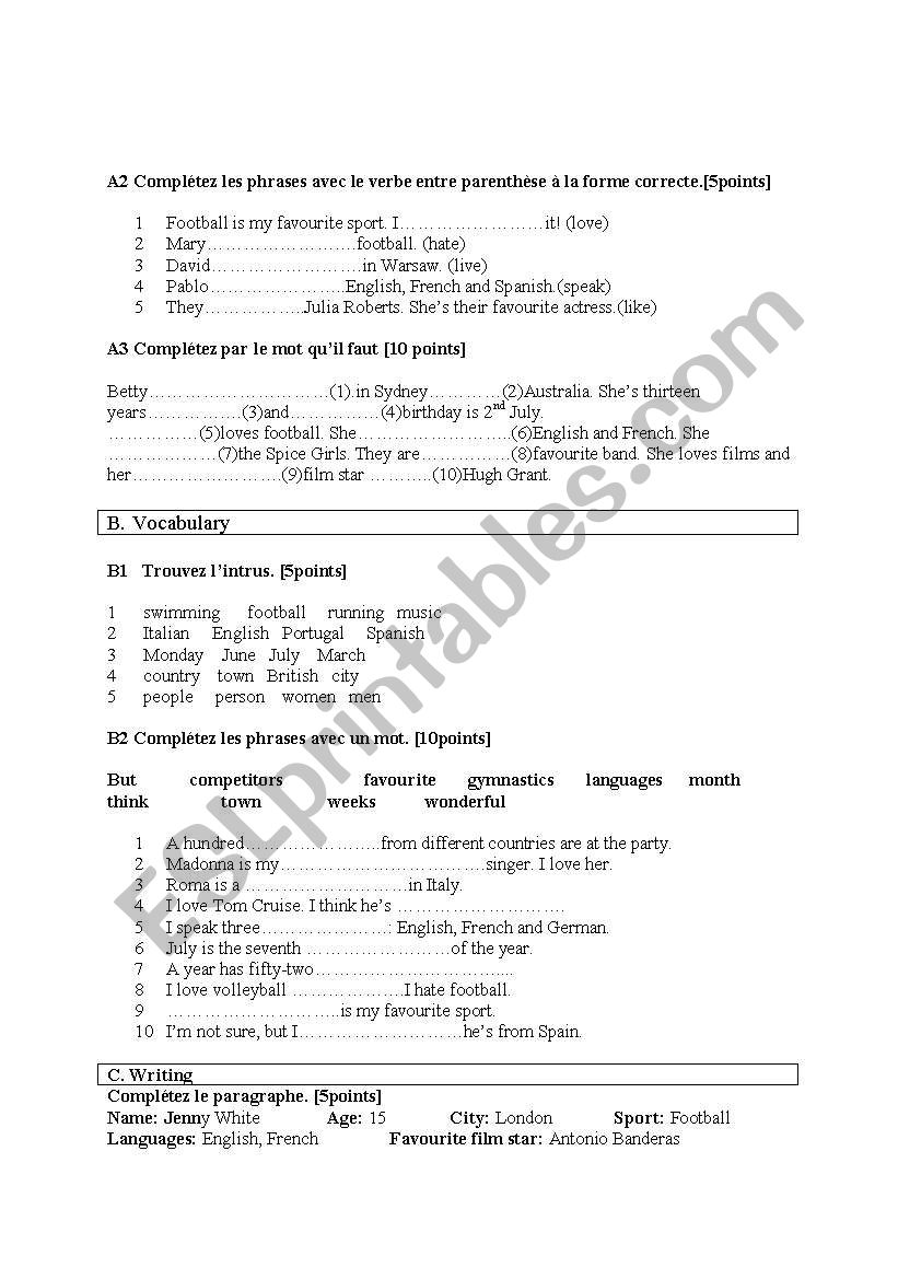  A test for elemenatry pupils worksheet