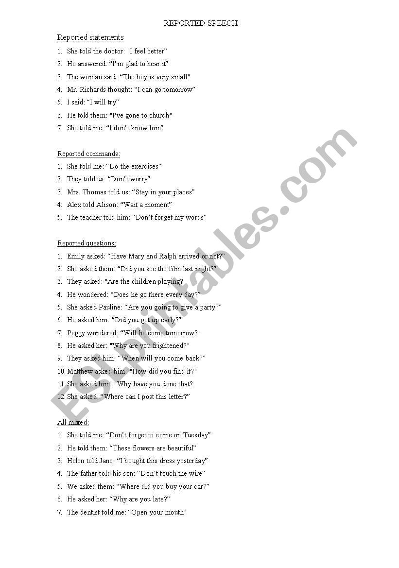 Reported Speech worksheet