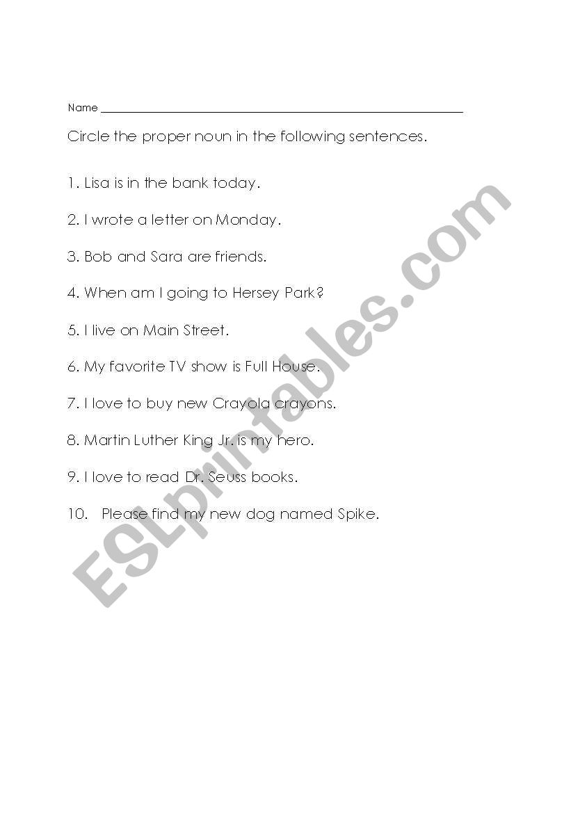 Proper noun worksheet