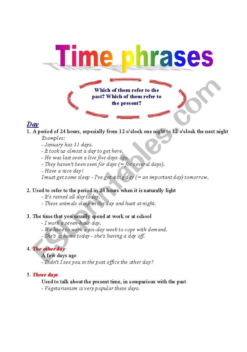 Time phrases worksheet