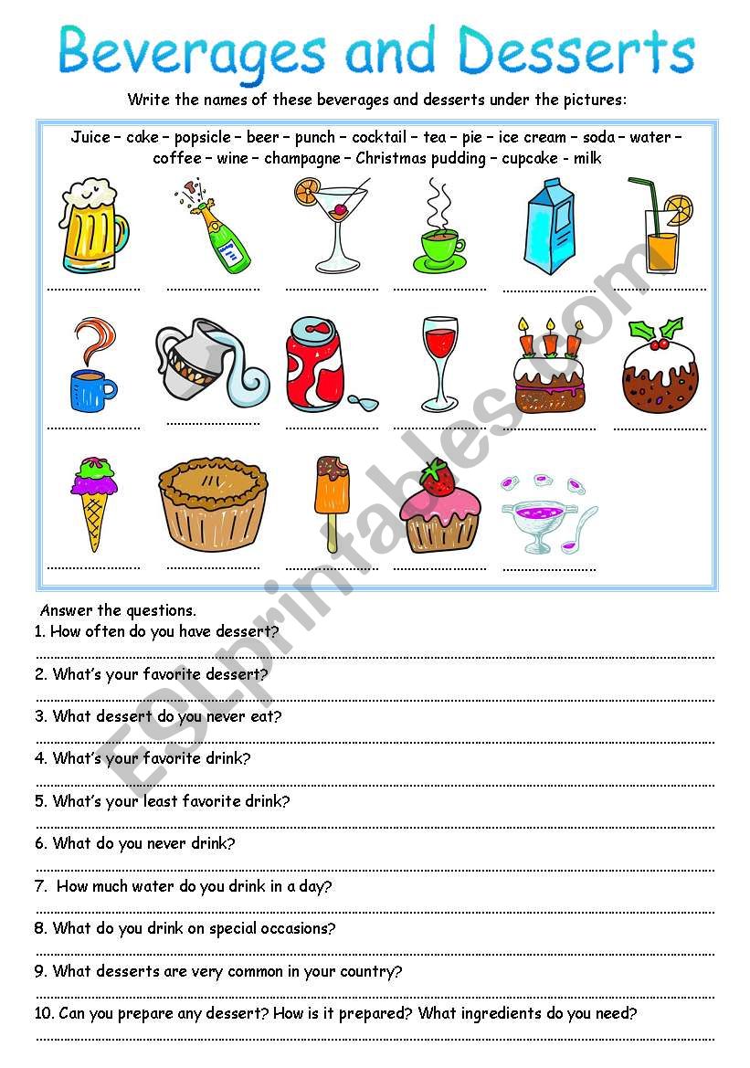 Beverages and Desserts worksheet