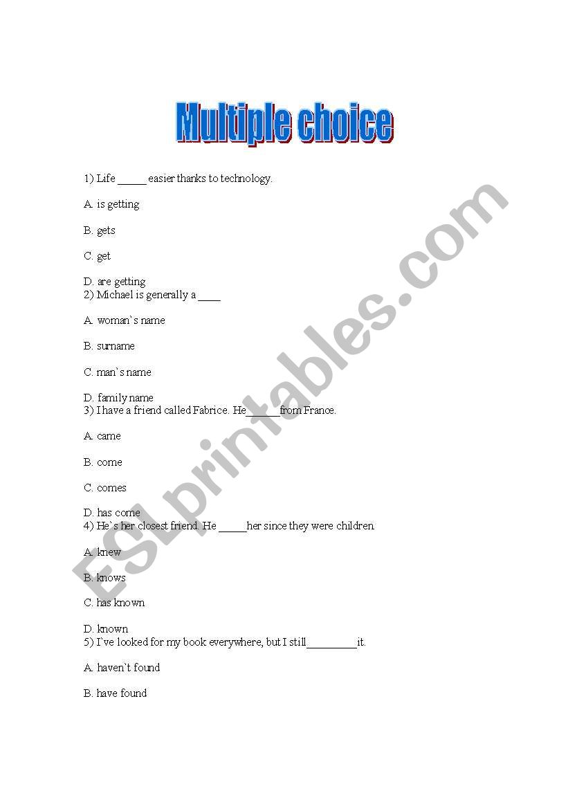 Multiple choice worksheet