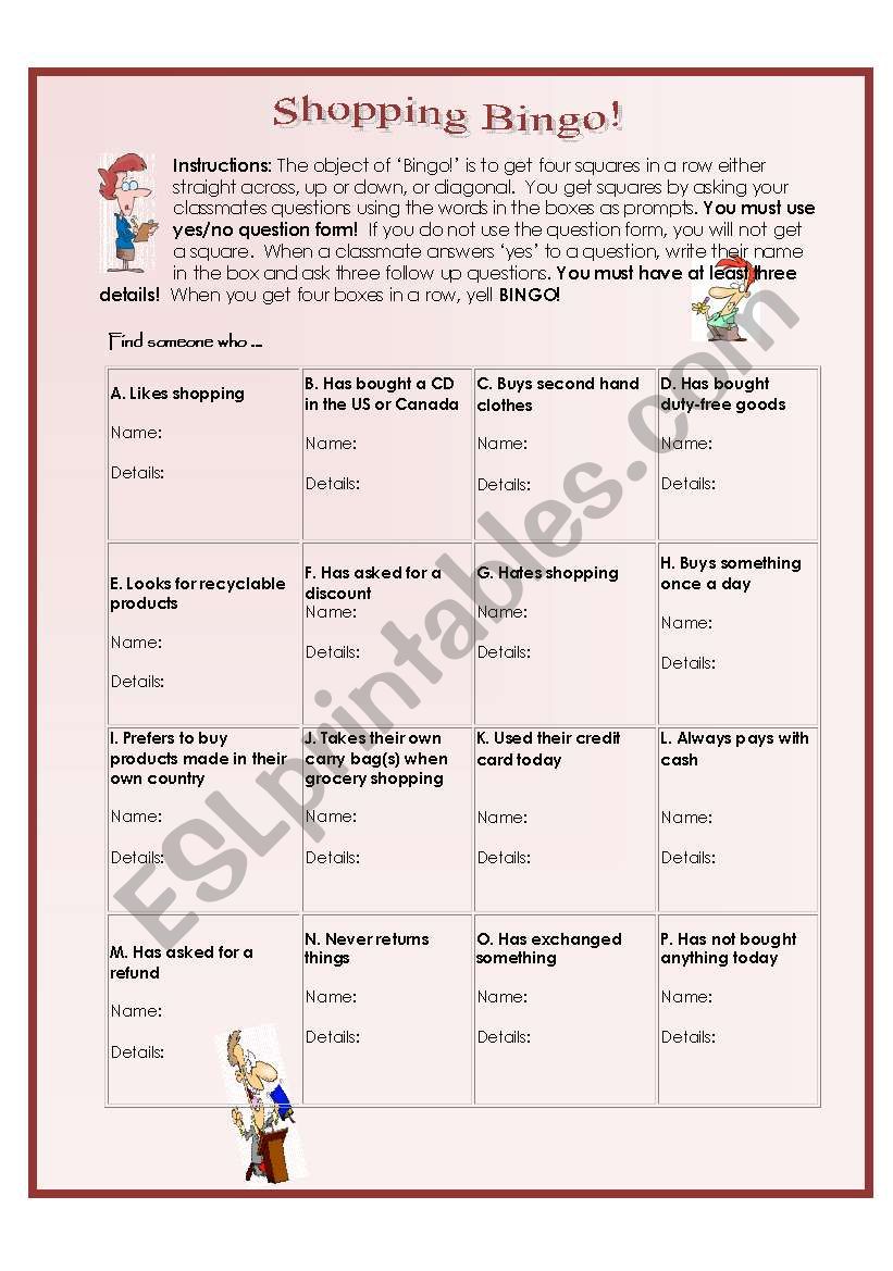 Shopping BINGO worksheet