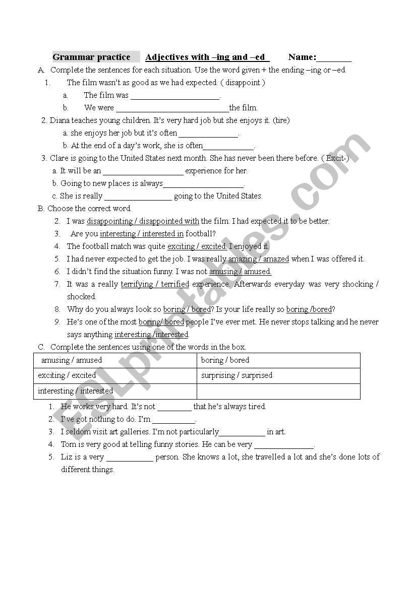 Adjectives with  ing and  ed worksheet