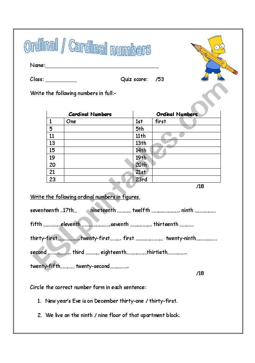 Ordinal / Cardinal numbers worksheet