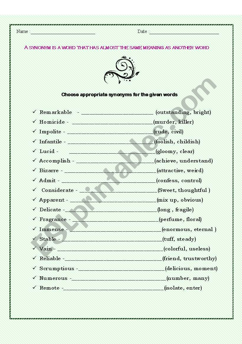 Synonyms worksheet