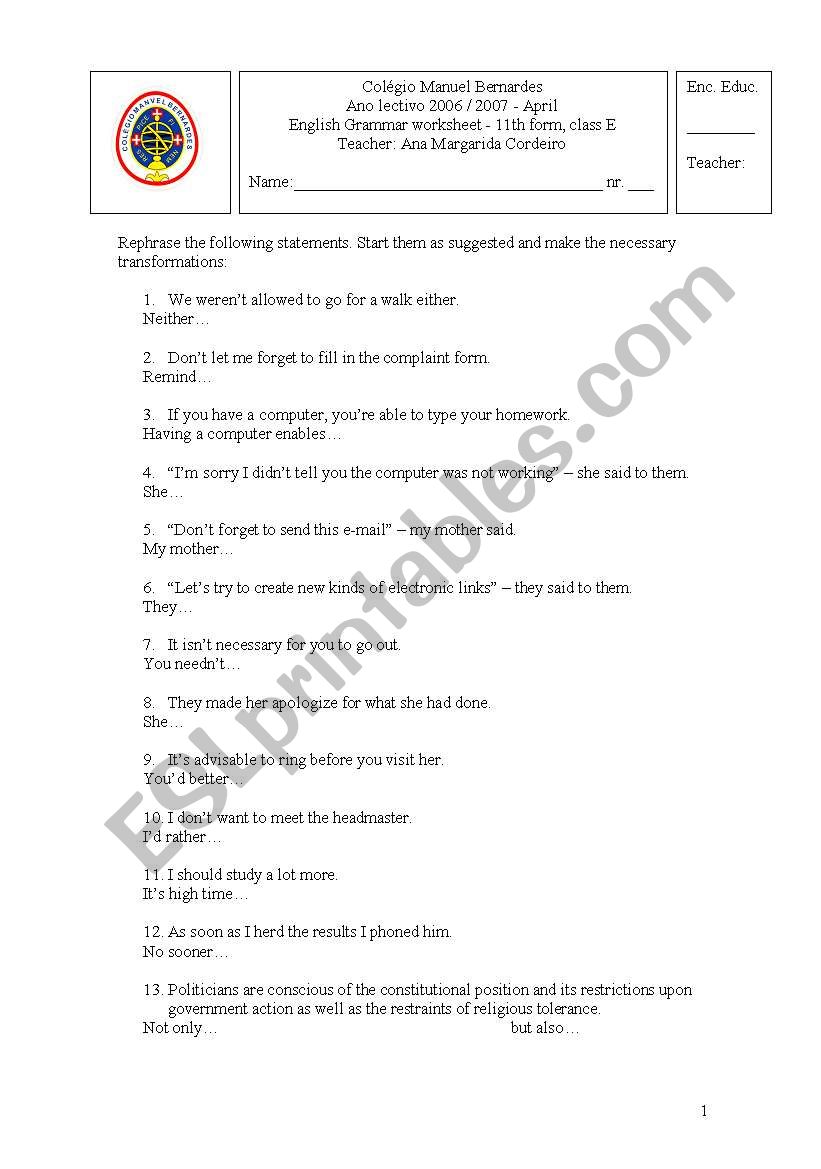 rephrasing exercises worksheet