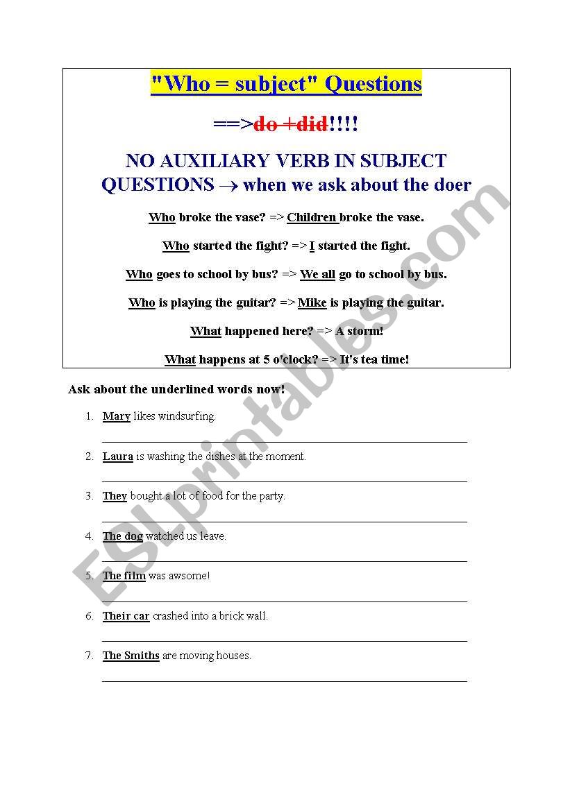 Subject questions worksheet