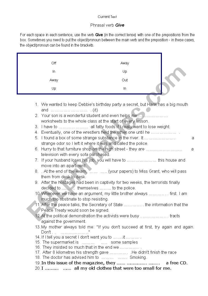 Test  on phrasal verb give worksheet