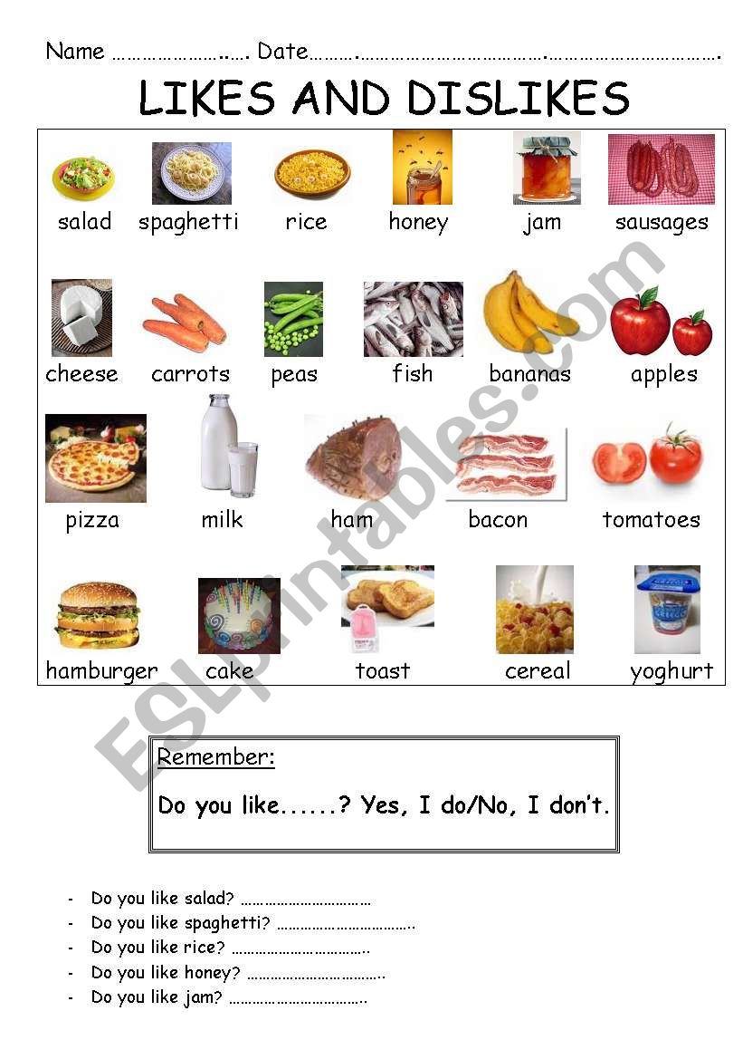 Likes and dislikes (food and meals)