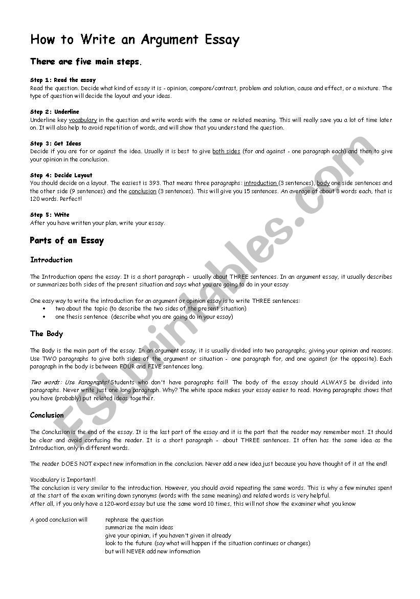 Writing argument texts worksheet