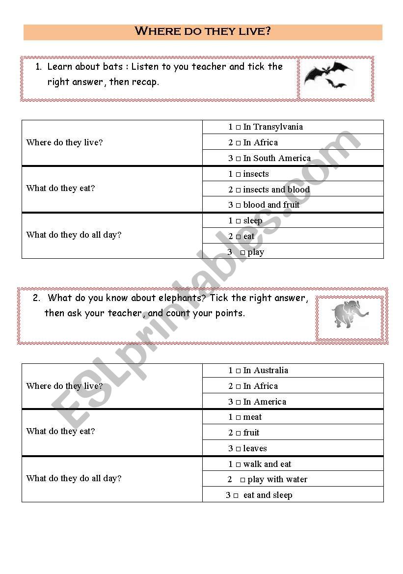 Where do they live?  worksheet