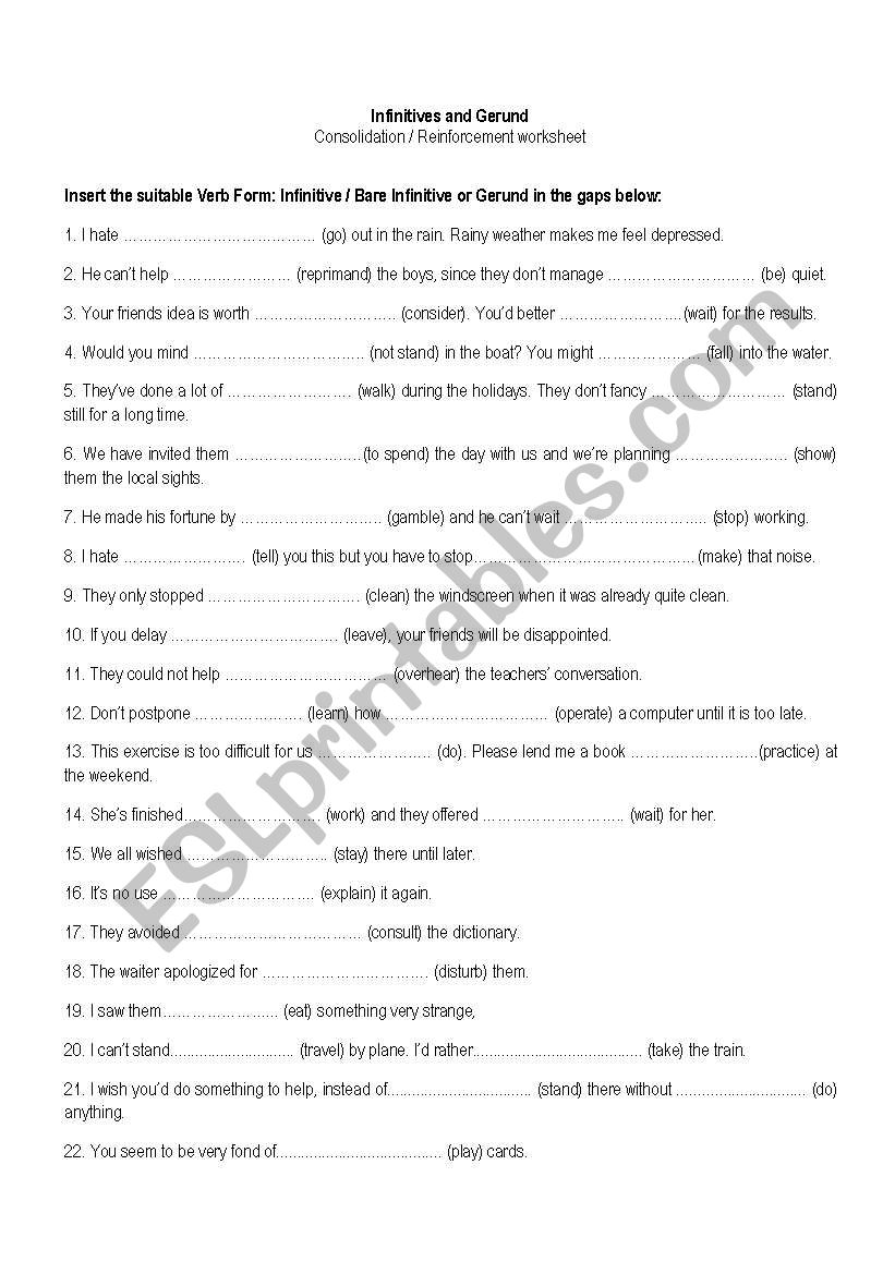 Infinitve and Gerund worksheet