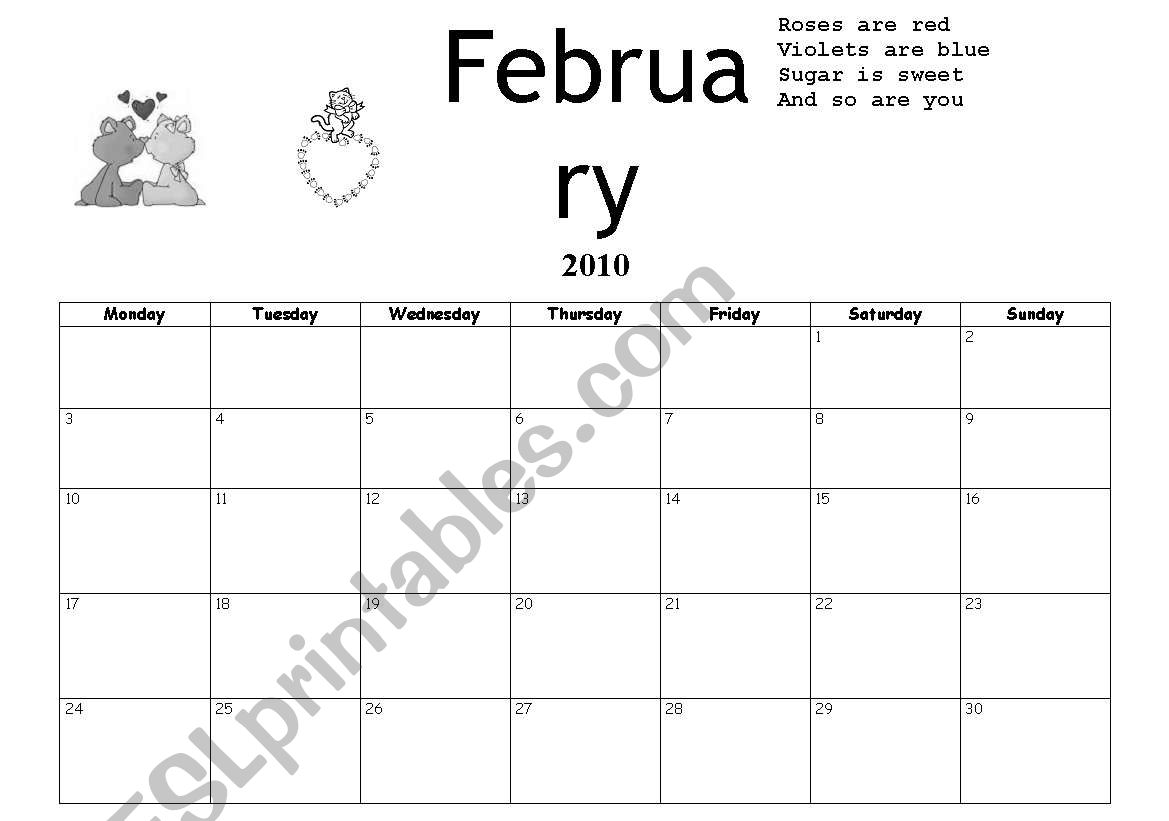 English Worksheets Calendar February 2010
