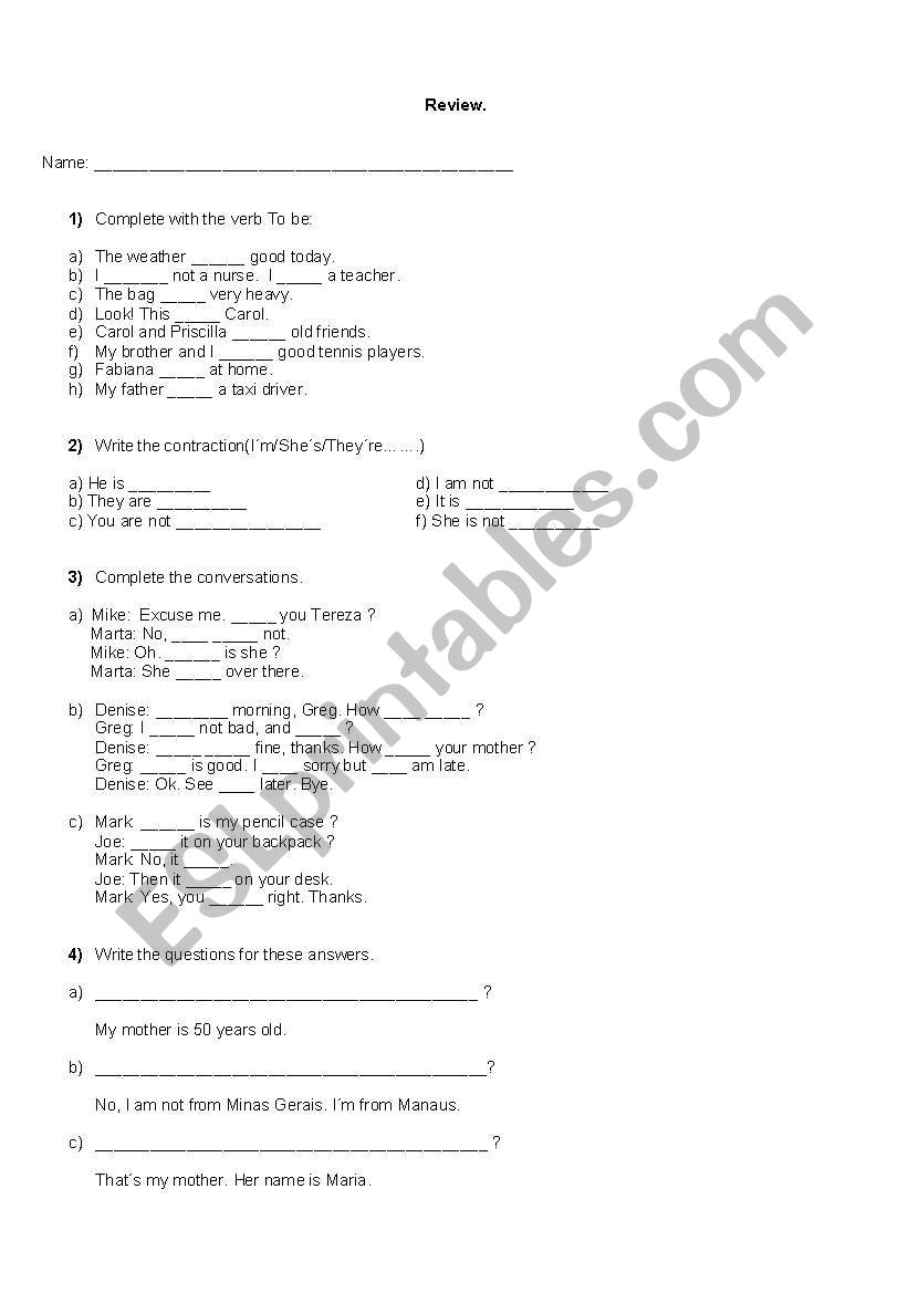 Elementary exercices - Test worksheet